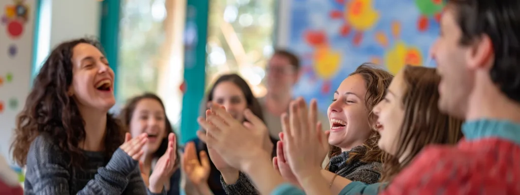 a group of daycare staff engaging in a hands-on praise technique practice session, fostering a supportive workplace culture and collaboration.