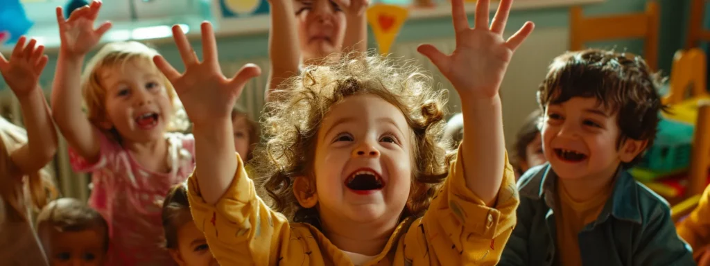 a group of happy children in a daycare setting, receiving praise and rewards for their positive behavior.