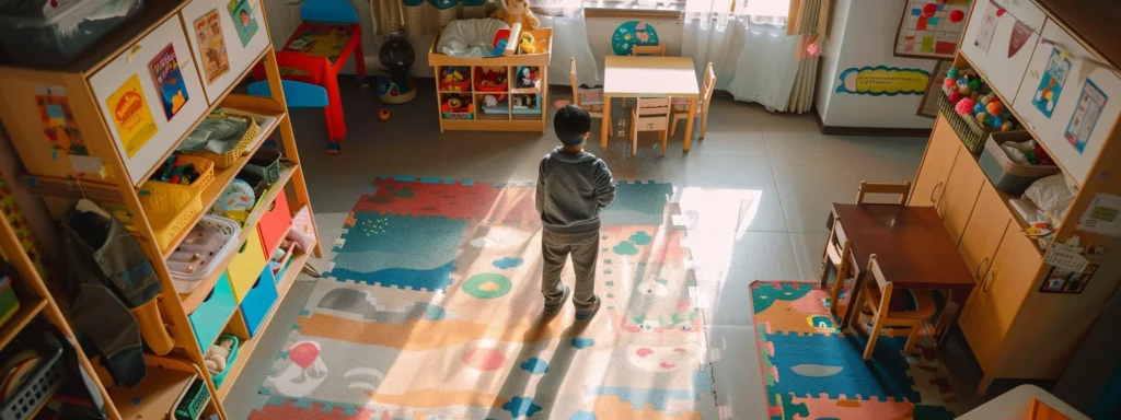 a parent inspecting a daycare facility's spotless, well-organized play area to ensure cleanliness and safety standards are met.