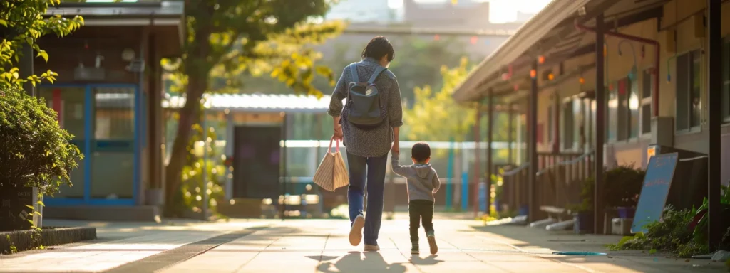 a parent walking hand-in-hand with their child towards a daycare center located just a short distance away from their home, highlighting the convenience and ease of drop-off and pick-up.