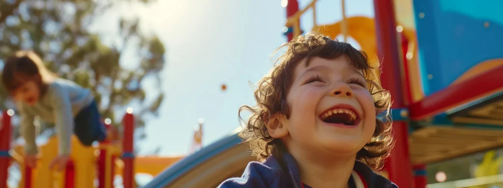 preschoolers laughing and playing together on a colorful playground structure, building social interaction through group play outdoors.