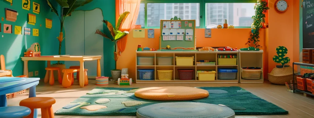 an engaging classroom setup with colorful learning materials and a variety of interactive activities promoting social and emotional development for young children at a daycare center.