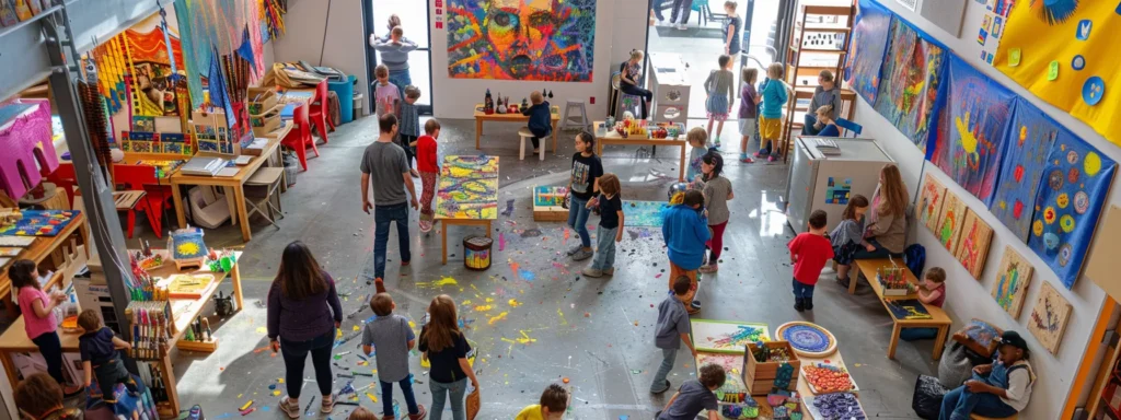 a vibrant and bustling family art day where parents and children create colorful masterpieces together, fostering a strong sense of community and creativity.