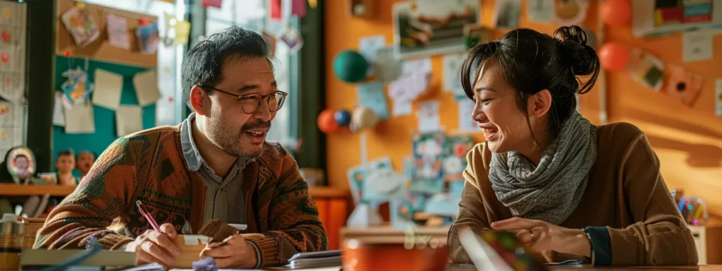 a parent and teacher seated at a table, gesturing and smiling warmly at each other, surrounded by diverse decorations and pictures representing different cultures and languages.