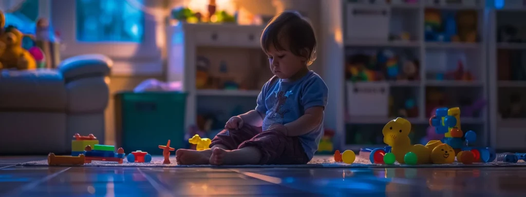 a toddler sitting in contemplative timeout with a solemn expression, surrounded by toys scattered on the floor.