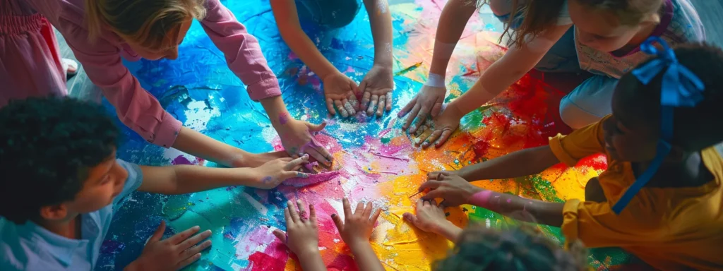 a diverse group of children happily collaborating on a colorful, open-ended art project together, showcasing inclusivity and creativity for all abilities.