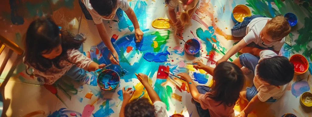 a group of young children joyfully painting colorful shapes and numbers, surrounded by diverse art styles from around the world, fostering creativity and learning in a daycare center setting.