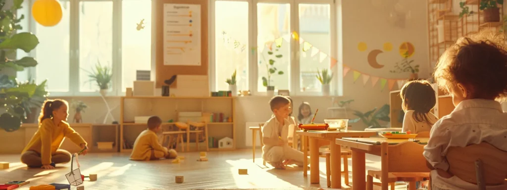 a bright and inviting daycare center with a prominent accreditation certificate displayed on the wall, surrounded by happy children engaging in educational activities.