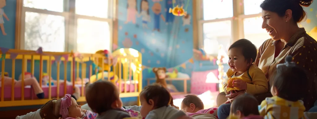 a caregiver engages with a group of infants in a brightly colored, cozy nursery setting, showcasing a nurturing environment for educational development.