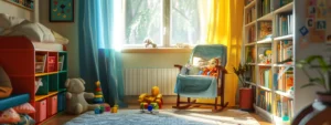 a cozy, brightly-colored nursery with a soft, plush rocking chair surrounded by colorful toys and books.