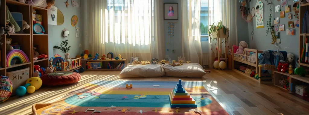 a cozy in-home daycare filled with colorful toys, soft blankets, and nurturing caregivers.