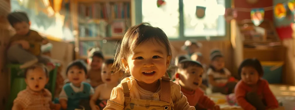 a group of smiling infants surrounded by caring and attentive caregivers in a bright, cozy daycare setting.