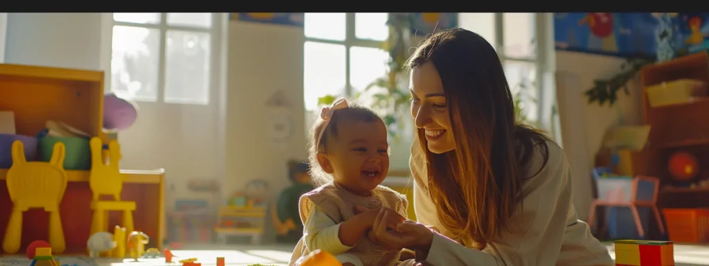 a nurturing caregiver engaging with a smiling infant in a bright, colorful daycare setting.