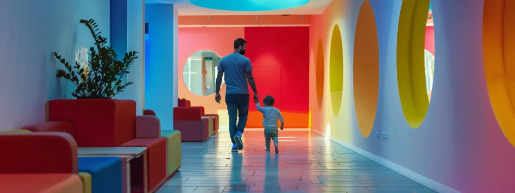 a parent calmly holds their infant's hand as they explore a colorful and welcoming daycare facility, ready to make the final decision and prepare for the transition.