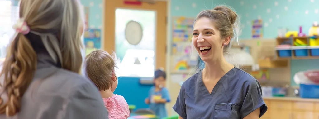 a smiling caregiver showing parents a detailed progress report of their child's development in a bright, cheerful daycare setting.