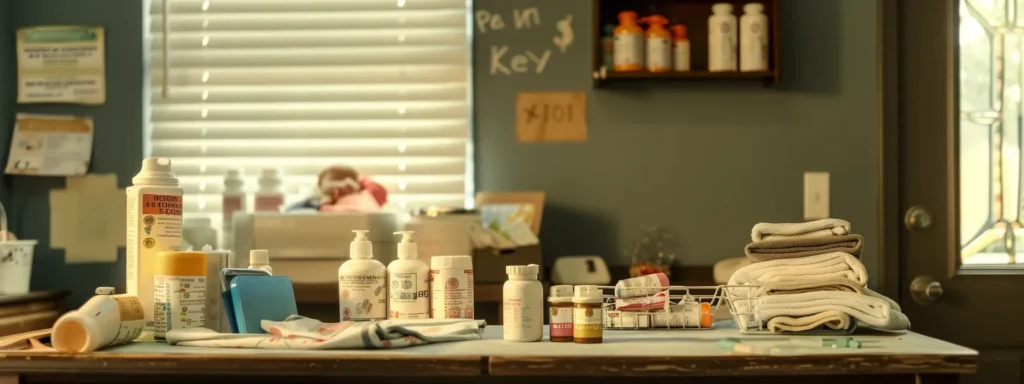 a table with labeled medication bottles, emergency contact information, and personal items neatly organized for an infant's daycare experience.