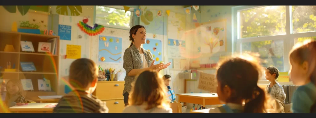 educators attentively listening to parents' feedback in a cozy daycare setting, surrounded by colorful children's artwork and informative posters.