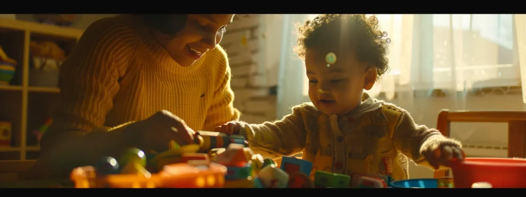 a caregiver gently guiding a toddler towards a colorful, engaging activity, filled with toys and books, as the child smiles with curiosity and delight.